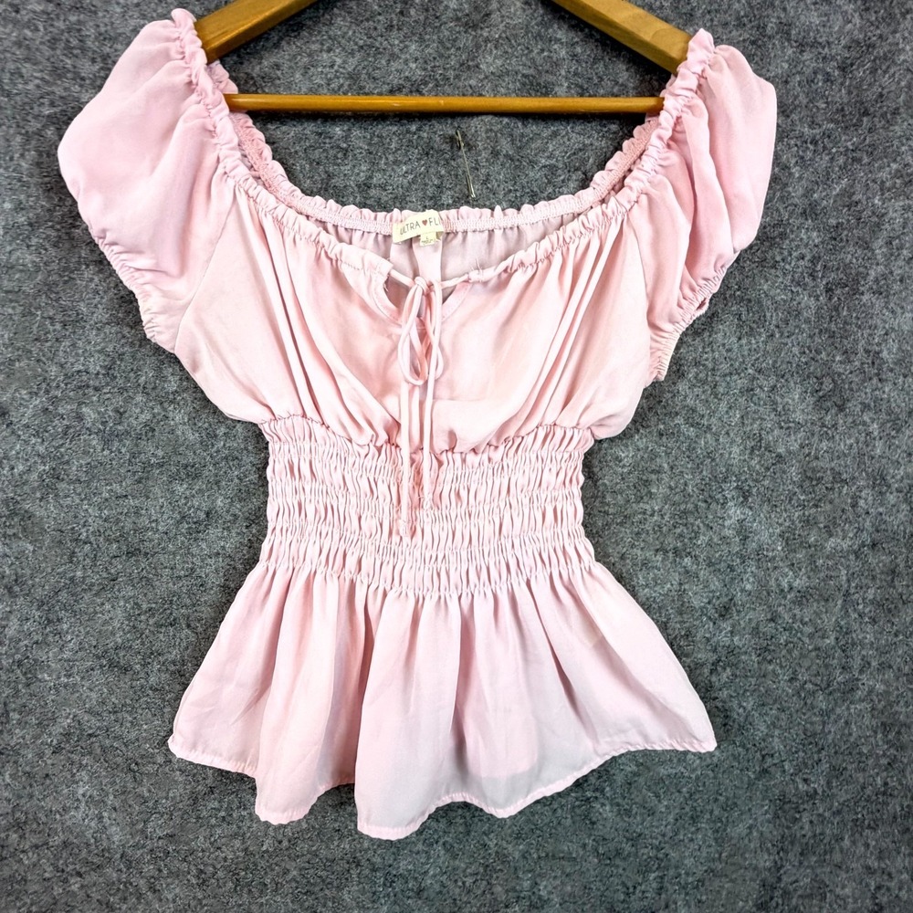 Ultra Flirt Blouse Top Womens L Pink Smocked Off Shoulder Milkmaid Coquette